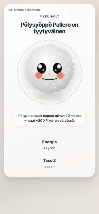 Pölysyöppö-näkymä: energia, taso ja palkkiokerroin